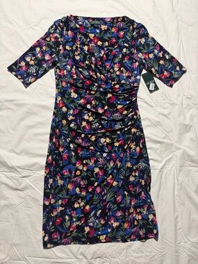 NWT Lauren Ralph Lauren Women’s Size 8 Navy Floral Faux Sheath Dress Ruched Midi